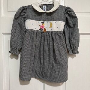 12 Month Halloween Smock Dress Long Sleeve Gingham Witch Broom Moon Fall Collar